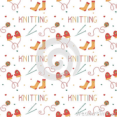 Knitting seamless pattern in doodle style. For a yarn shop or tailor Vector Illustration