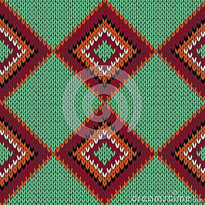Knitting seamless quadrate pattern in warm colors over green Vector Illustration