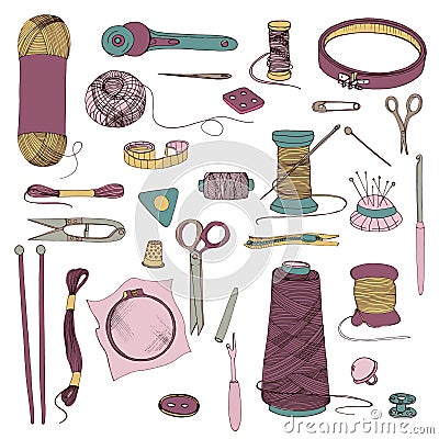 Knitting and sewing accessories. Hand drawn colorful illustrations set. Vector Illustration