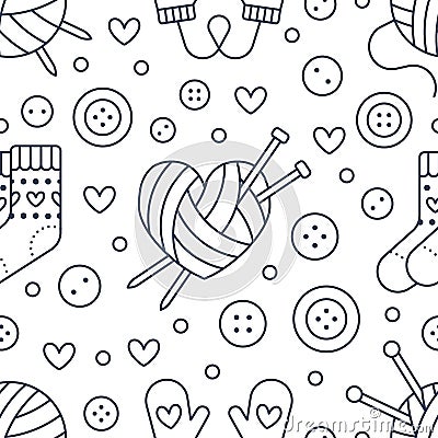 Knitting, sewing seamless pattern. Cute vector flat line illustration of hand made equipment knit needle, bottons, wool Vector Illustration