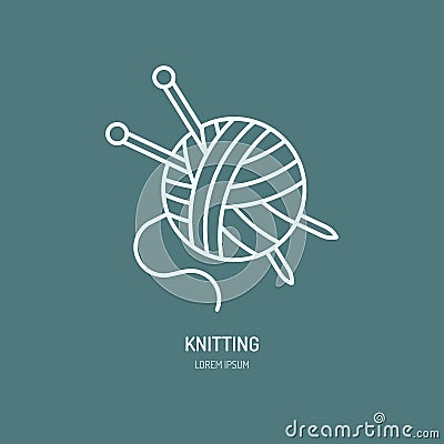 Knitting shop line logo. Yarn store flat sign, illustration of wool skeins with knitting needles Vector Illustration