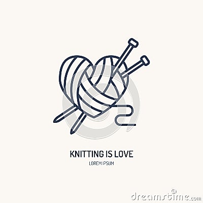 Knitting shop line logo. Yarn store flat sign, illustration of wool skeins with knitting needles Vector Illustration