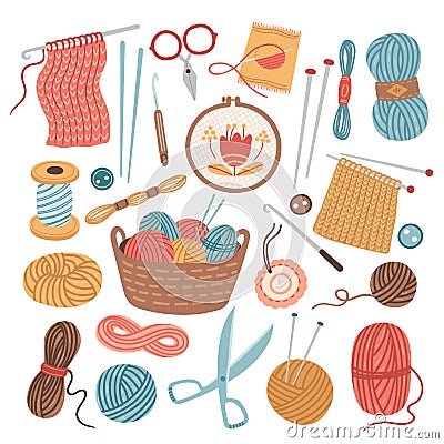 Knitting threads. Knit sewing, wool yarn balls. Isolated cartoon handicraft accessories, crochet needlework hobby tools Vector Illustration