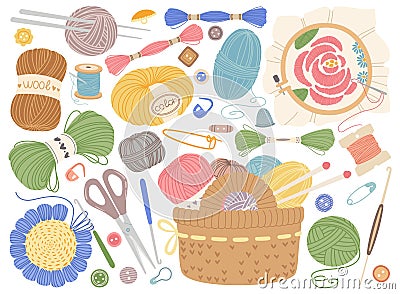 Knitting tools. Embroidery, sewing or crochet equipment. Wool yarns, knitting needles, buttons. Flat cartoon handicraft Vector Illustration