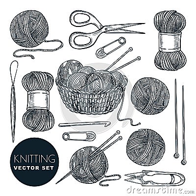 Knitting tools, wool yarn, isolated on white background. Vector sketch illustration. Handmade needlework design elements Vector Illustration