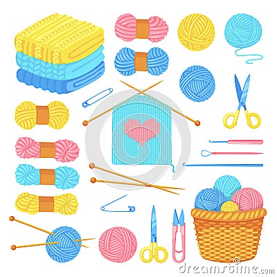 Knitting tools and wool yarn set, isolated on white background. Vector craft and handmade needlework design elements Vector Illustration