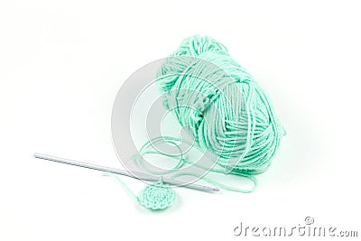 Knitting. Turquoise threads and hook. High quality photo Stock Photo