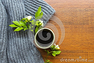 Knitting wool scarf with hot coffee espresso of lifestyle woman relax in winter Stock Photo