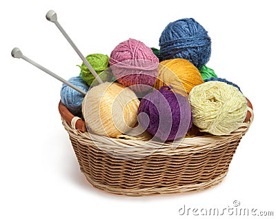 Knitting yarn balls and needles in basket Stock Photo