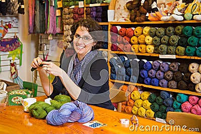 Knitting in a yarn shop Stock Photo