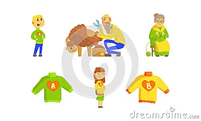 Knitwear Handmade Manufacturing Process with Sheep Shearing and Granny Knitting Sweater Vector Set Vector Illustration