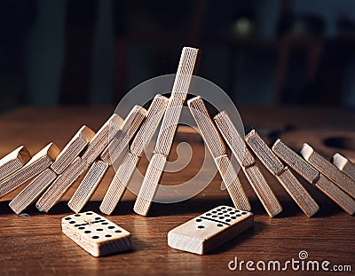 A knocked-over stack of dominoes on a table surrounded by empty gaps, symbolizing consequences from failure Stock Photo
