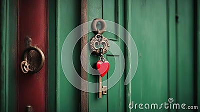 knocker with key A red heart with a key on a green door. The heart is a symbol of love and trust, Stock Photo