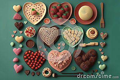 Knolling layout valentines dishes with strawberries and chocolates on plates. Generative AI Stock Photo