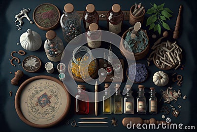 Knolling Medieval Apotheke Pharmacy Objects, Herbs, Powders, Bottles and Measuring tools, AI Generative Stock Photo