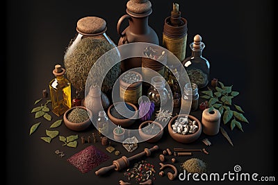 Knolling Medieval Apotheke Pharmacy Objects, Herbs, Powders, Bottles and Measuring tools, AI Generative Stock Photo