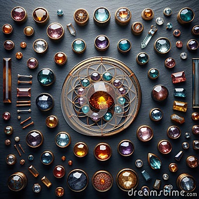 Knolling picture showing precious stones and gems. Laid out on a dark slate counter Stock Photo