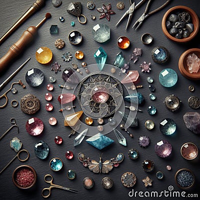 Knolling picture showing precious stones and gems. Laid out on a dark slate counter Stock Photo