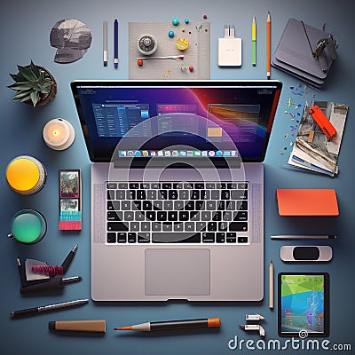 Knolling of software developer tools laptop in center light background Generative AI Stock Photo
