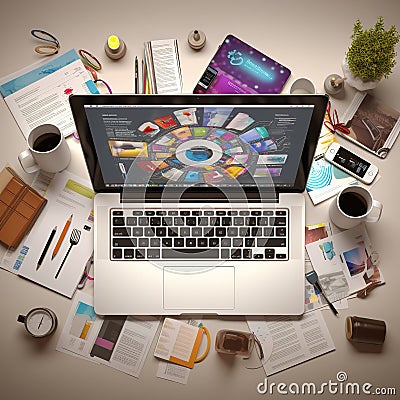 Knolling of software developer tools laptop in center light background Generative AI Stock Photo