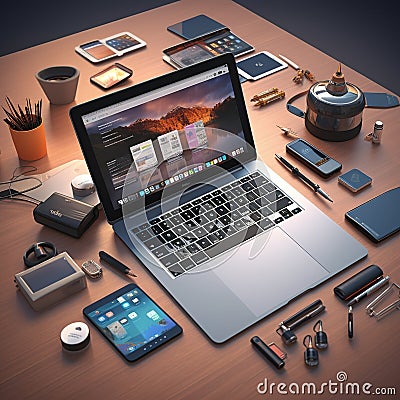 Knolling of software developer tools laptop in center light background Generative AI Stock Photo