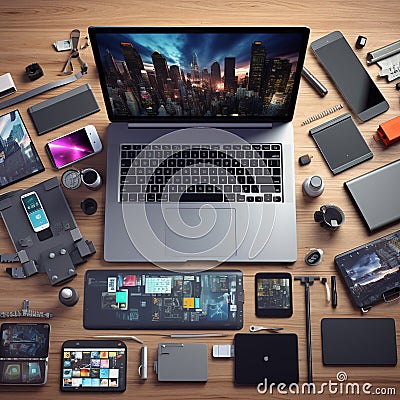 Knolling of software developer tools laptop in center light background Generative AI Stock Photo