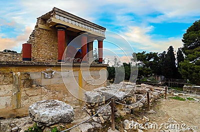 Knossos Palace, Crete, Greece. Restored North Entrance with charging bull fresco at the famous archaeological site of Knossos Stock Photo