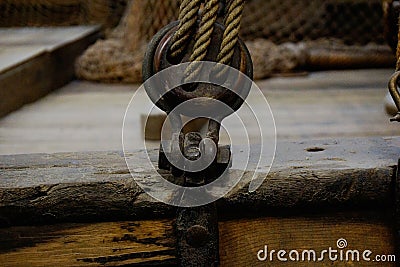 Knot with rope holding sail on boat Editorial Stock Photo