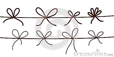 Bow knots set. Cord, string tied. Rope, twine, thin thread with loops row, line. Vector Illustration