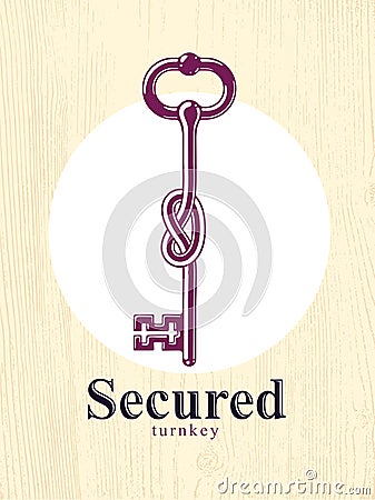 Knotted key allegorical symbol of keep secret, vintage antique turnkey in a knot, defense and security concept, password personal Vector Illustration