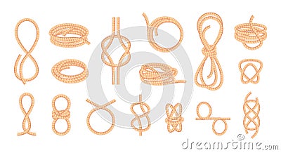 Knotted ropes. Looped bowknot twisted curve straight fiber thread, braided cord knot string tie elements cartoon flat Vector Illustration