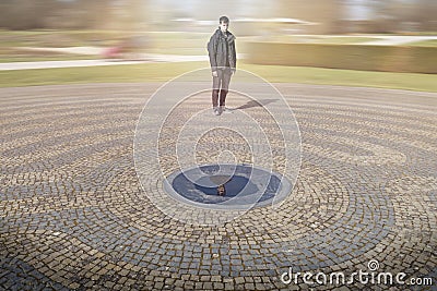 Know thyself, young man in a moving world Stock Photo