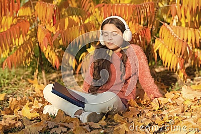 Knowledge assimilate better this way. Small girl enjoy learning online in autumn environment. Little child listening to Stock Photo