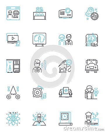 Knowledge building linear icons set. Collaboration, Research, Learning, Discovery, Exploration, Innovation, Problem Vector Illustration