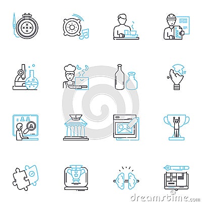 Knowledge building linear icons set. Collaboration, Research, Learning, Discovery, Exploration, Innovation, Problem Vector Illustration