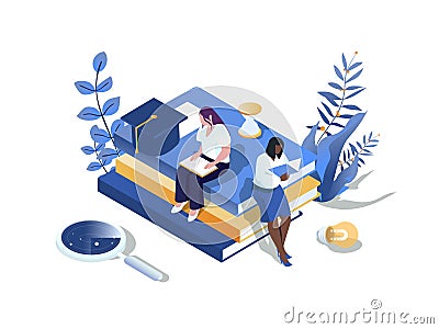 Knowledge concept 3d isometric web scene. People reading different books and textbooks for improving skills and preparing Vector Illustration