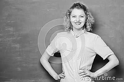 knowledge day. empty blackboard information. back to school. woman likes studying. woman teacher at school lesson. happy Stock Photo