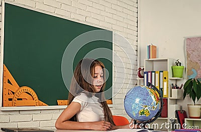 knowledge day. teachers day. pupil kid study lesson. child learn geography. Stock Photo