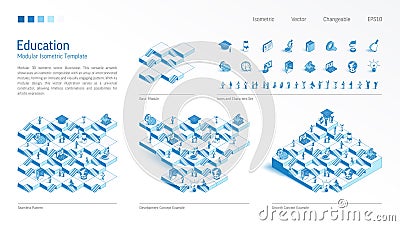 Knowledge, education modular isometric constructor. Seamless pattern base, line icon, character set. Elearn school Vector Illustration