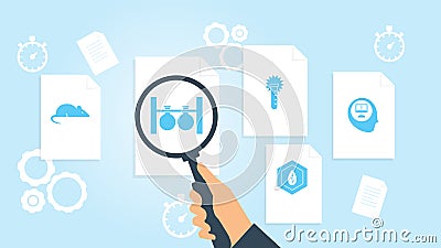 Knowledge, human, reader, science file, document research vector illustration. Document with search icons. File and magnifying Cartoon Illustration
