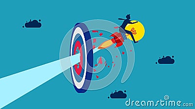 Knowledge leads to goals. businessman flying with a light bulb crashes into a target. Vector Illustration