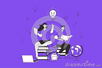 Knowledge web concept with character scene in flat design. People reading different books for improving skills and preparing to Vector Illustration