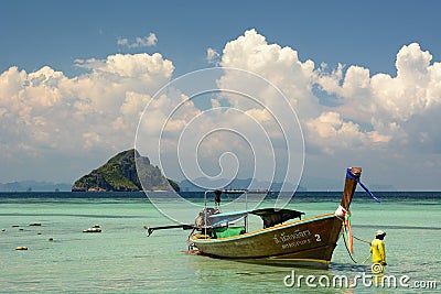 Longtail boat on Laemtong beach. Ko Phi Phi Don. Krabi province. Thailand Editorial Stock Photo