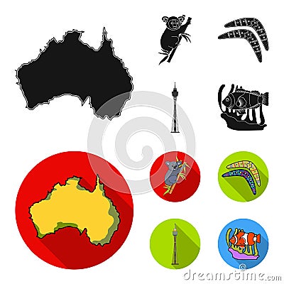 Koala on bamboo, boomerang, Sydney tower, fish clown and ammonium.Australia set collection icons in black, flat style Vector Illustration