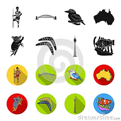 Koala on bamboo, boomerang, Sydney tower, fish clown and ammonium.Australia set collection icons in black,flet style Vector Illustration