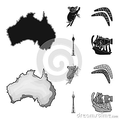 Koala on bamboo, boomerang, Sydney tower, fish clown and ammonium.Australia set collection icons in black,monochrom Vector Illustration