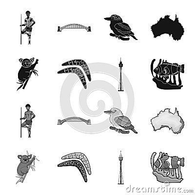 Koala on bamboo, boomerang, Sydney tower, fish clown and ammonium.Australia set collection icons in black,monochrome Vector Illustration