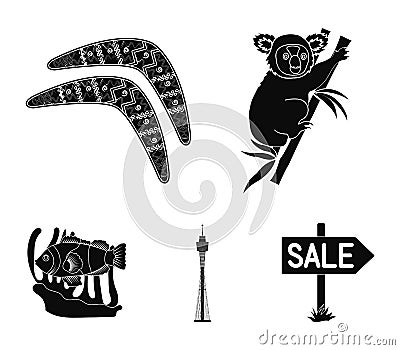 Koala on bamboo, boomerang, Sydney tower, fish clown and ammonium.Australia set collection icons in black style vector Vector Illustration