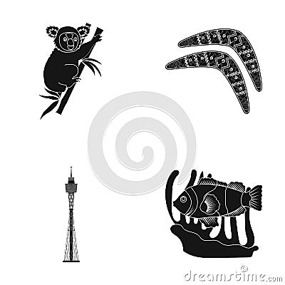 Koala on bamboo, boomerang, Sydney tower, fish clown and ammonium.Australia set collection icons in black style vector Vector Illustration