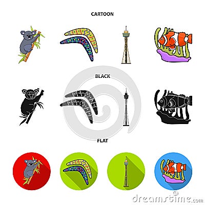 Koala on bamboo, boomerang, Sydney tower, fish clown and ammonium.Australia set collection icons in cartoon,black,flat Vector Illustration